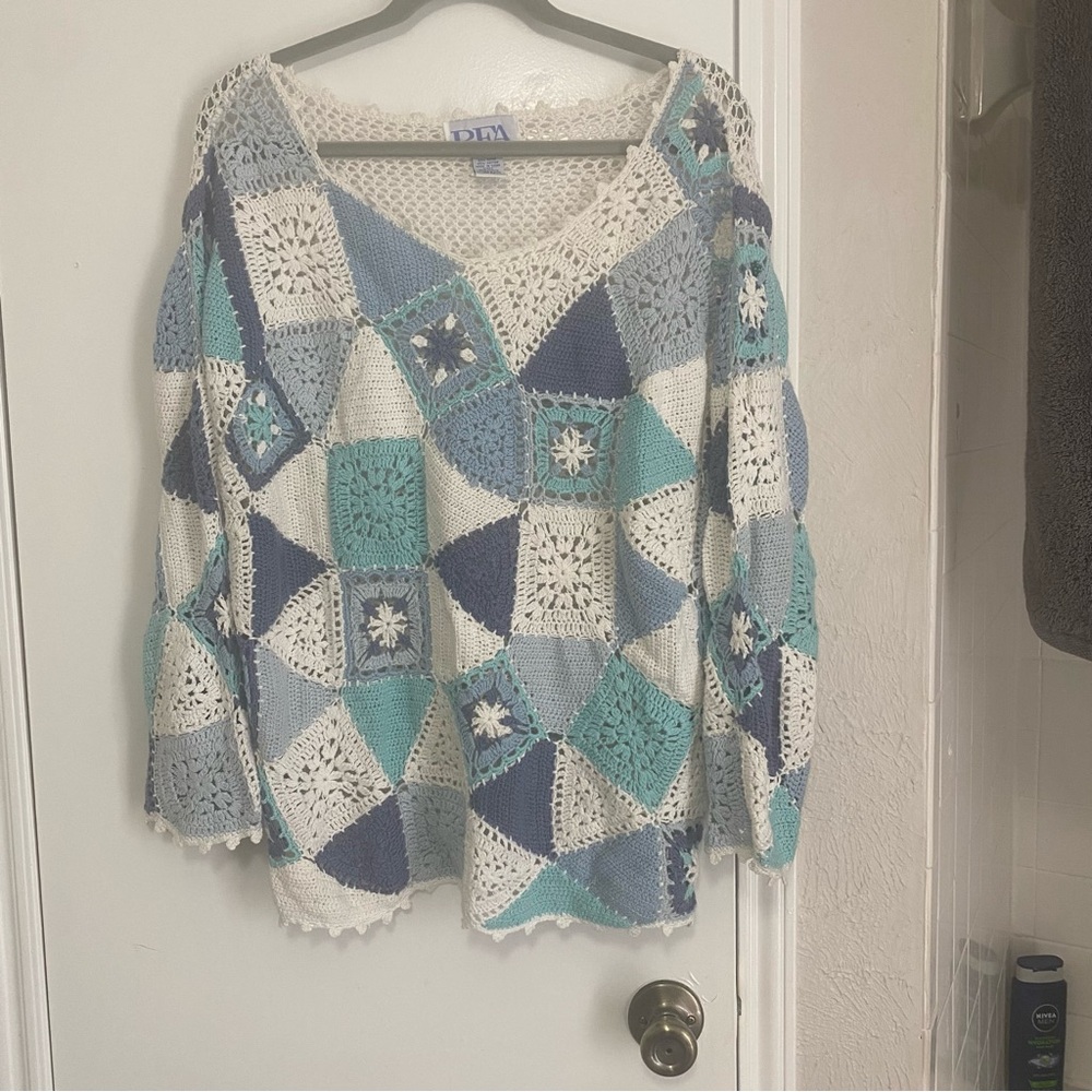 BFA Classic Vintage Crochet Boho Sweater Large Petite Ramie Cottom Grannycore